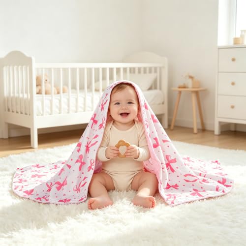 Image of Baby Blanket for Girls, Super Soft Double Layer Mink Blankets with Dotted Backing, Sun Smile Toddler Newborn Nursery Bed Blanket, You are My Sunshine Print Throw Blanket, 30 X 40 Inches, Pink Bow