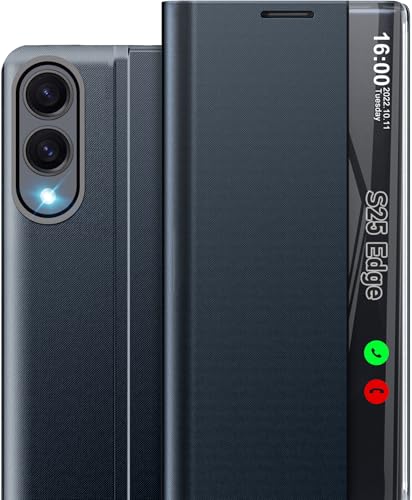 Coque Samsung S25 Edge bleu foncé avec béquille et rabat transparent en PC rigide