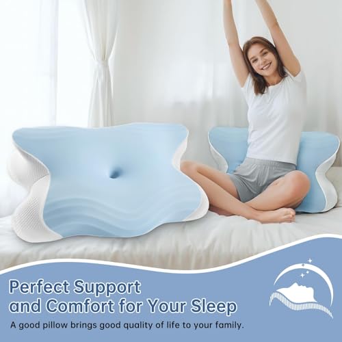 Honfay Almohada ergonómica Cervical con Memoria de Forma, cojín ortopédico, Almohada para Dormir en el Lado de la Espalda y el Vientre para Mejorar la Calidad del sueño, 62 x 42 x 10,5 cm (Azul) - imagen 9