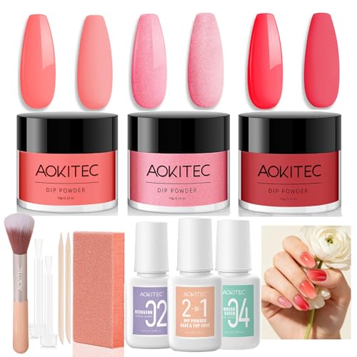 Aokitec 3 Farben Dipping Powder Nails Set Starter Kit, 12 Stück Rosa & Rot Dip Powder Nail Set mit 3 Stück Dip Liquid, Acryl Dip Nagelset für Nail Art, Nägel Selber Machen Set