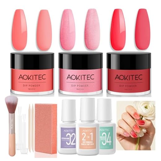 Aokitec 3 Farben Dipping Powder Nails Set Starter Kit, 12 Stück Rosa & Rot Dip Powder Nail Set mit 3 Stück Dip Liquid, Acryl Dip Nagelset für Nail Art, Nägel Selber Machen Set
