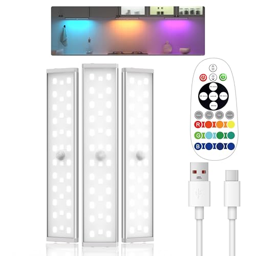 Under Cabinet Lights,58 LED Motion Sensor Light Indoor,RGB Rechargeable Under Cabinet Lighting with Remote,3PACK Stick-On Magnetic Wireless Closet Light Bar for Kitchen Shelf, Car, Hallway