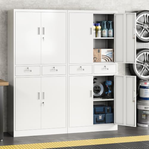 Image of Metal Storage Cabinet with Lock Door, Adjustable Shelves, 2 Drawers