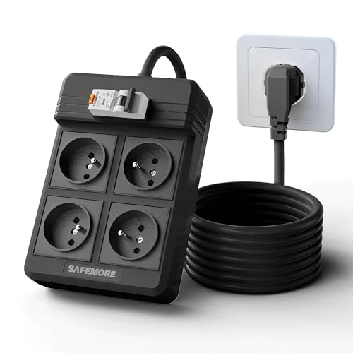 Multiprise SAFEMORE avec disjoncteur différentiel intégré, 4 Prises RCD 16A/250V avec Interrupteur FI/Circuit Breaker, multiprise FI 4000W avec câble...