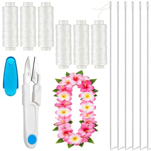 13 Pcs Lei Needle Kit 6 Pcs 14 Inch Stainless Steel Long Needles 6 Rolls Lei String for Lei Making 1 Sewing Scissors for Hawaiian Flower Garland Beading Craft Supplies