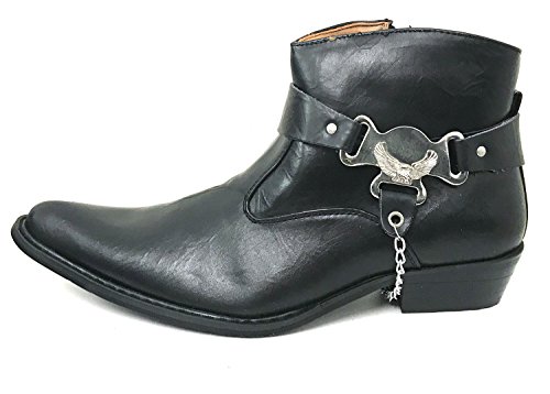 V1A055S Men's Cowboy Ankle Boots Western Leather Lining Harness Strap Chain Side Zipper Shoes2