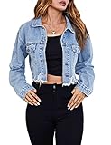 PEHMEA Women's Jean Jacket Cropped Denim Coat Long Sleeve Button Down Tassels Denim Trucker Jackets (Blue, Medium)