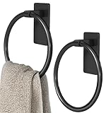 STWWO Adhesive Towel Holder, Hand Towel Holder for Bathroom, Self Adhesive Hand Towel Rings, Black, 2 Pack