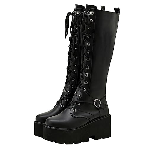 Image of Parisuit Women's Knee High Goth Platform Boots Lace Up Combat Boots