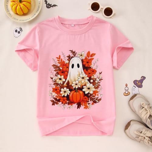 Girls Halloween Ghost T Shirt Pumpkin Floral Graphic Tee Tops Kids Spooky Season Casual Short Sleeve Shirt4