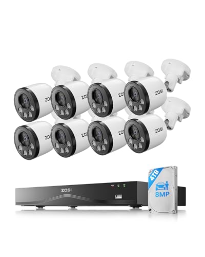 ZOSI 4K PoE Überwachungskamera Set Aussen, 16CH 4TB NVR mit 8X 8MP IP Kameras, Personen-/Fahrzeugerkennung, Audioüberwachung, 30M IR Nachtsicht, C180