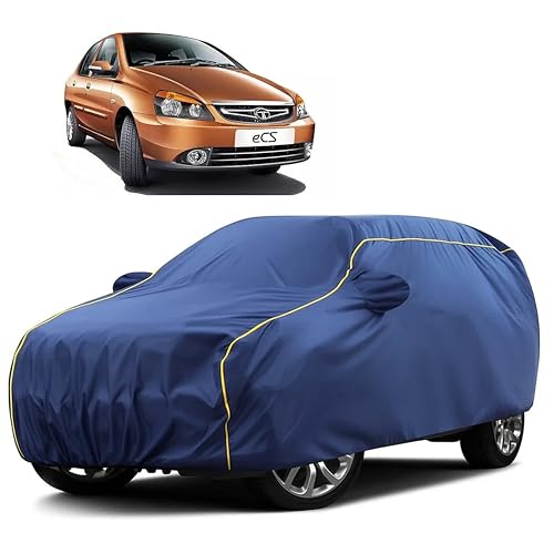 Image of Sulfar 100% Water Resistant Car Body Cover Compatible with Mirror for Tata Indigo ECS (Triple Stitched, Full Bottom Elastic, Blue Taffeta with Yellow Piping)
