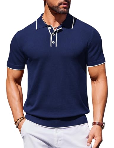 COOFANDY Mens Knit Polo Shirts Short Sleeve Vintage Stretch Polo T Shirts Casual Summer Golf Shirts