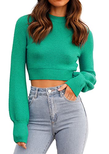 Image of Womens Sexy Crew Neck Cropped Sweaters Knit Long Sleeve Crop Tops Pullover