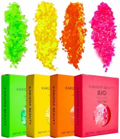 KARIZMA Neon Nights! 4X 10g Biodegradable Chunky Face Glitter, Hair, Eye and Body for Women and Men. Rave Festival Accessories and Cosmetic Makeup. Loose Pots