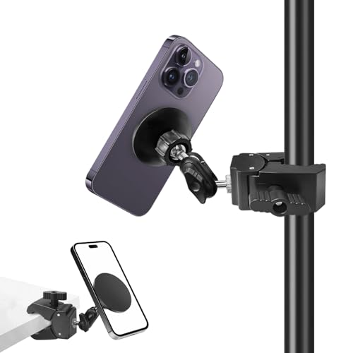 Khazylorr Mic Stand Phone Holder for MagSafe Clamp Mount Phone Holder Handlebar 360 Swivel Magnetic Microphone Stand Phone Mount Clip for iPhone 16 15 14 MAX Pro Samsung Galaxy Any Smartphones