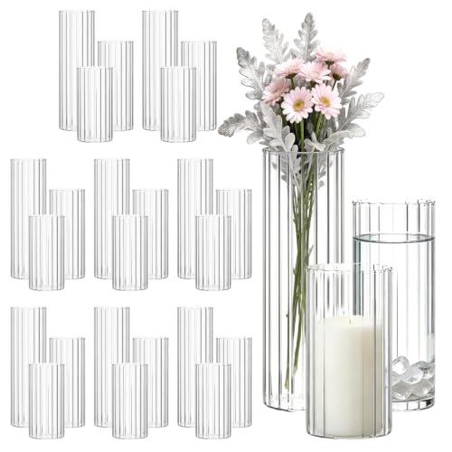 Trxvxo 24 Pcs Bulk Ribbed Glass Vases & Hurricane Candle Holders 2.6 x 5/6/8 Assorted Heights Thickened Shatter-Resistant Clear Glass Centerpieces for Wedding Outdoor Party & Home Table Decor