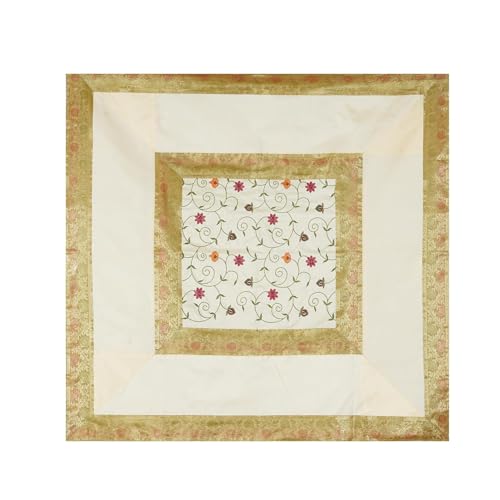 Image of New Year Room Decor Embroidery Brocade Silk Table Cover for Centre & Dinning Table and 4 & 6 Seater Dining Table /Tablecloth, (50 By 50 Inches) (Cream)