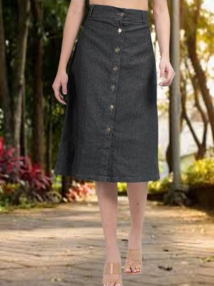 Image of Straight Stylish Comfortable Long Two Button Up Slit Dobby Denim Skirt for Women & Girls