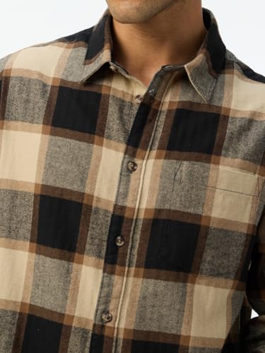 Image of The Souled Store: Sea-Side Men and Boys Long Sleeve Spread Collar Black and Tan Plaid Print Cotton Lightweight Easy to Style Everyday Office Wear Relaxed Shirt