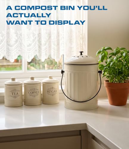 Image of Plexon Kitchen Compost Bin Indoor with Lid, Off-White 1.5 Gall
