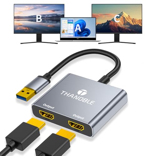 THANDBLE USB to Dual HDMI Adapter 1080P 60Hz, USB A 3.0 to HDMI Adapter for Laptop, PC, Desktop, Compatible with Mac OS, Windows 7/8/10/11 - Requires Driver Installation