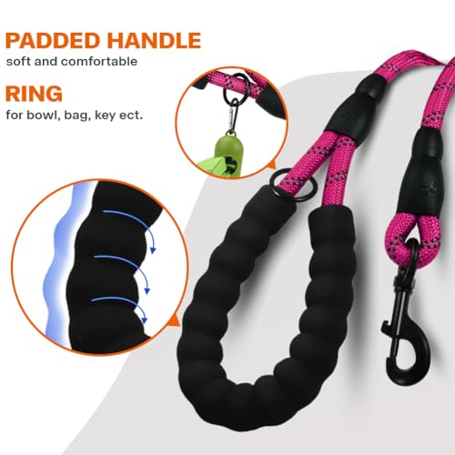 Taglory Rope Dog Leash 6 FT with Comfortable Padded Handle, Highly Reflective Threads Leash and Anti-Tangle Clip for Walking Medium Large Dogs, 1/2 inch, Hotpink - Image 5
