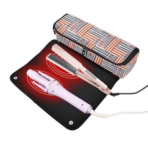 Bolsa de viaje para herramientas de cabello para mujer con almohadilla resistente al calor impermeable, organizador de viaje para planchas, rizadores y accesorios con rayas rojas y azules miniatura 2