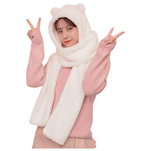 TDEOK Kawaii - Bufanda de invierno para mujer, bufanda de algodón, guantes de algodón, bufanda de forro polar, bufanda con capucha, bufanda de punto, bonita bufanda de cuello de invierno, Blanco,