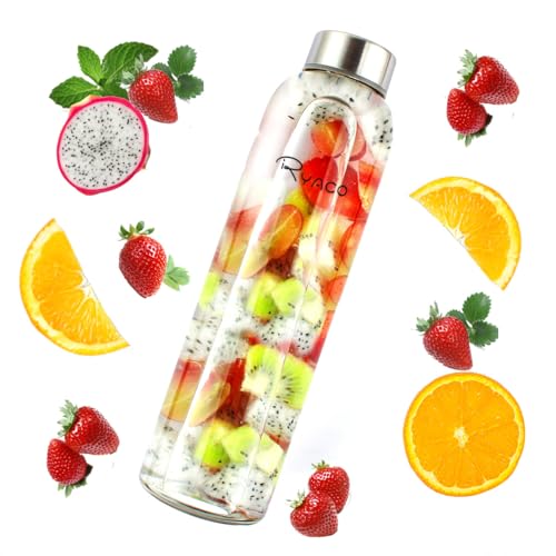 RYACO Glass Water Bottle 1000ml/1L,Borosilicate Glass Bottle with Neoprene Protective Case for Hot Cold Drinks,BPA-Free Leak Proof,Sport Water Bottles with Sponge Brush,Dishwasher Safe - Image 2