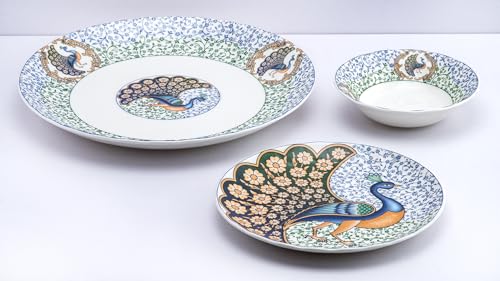 Image of GOLDEN QUEEN'S Handcrafted 12 Pieces Dinner Set | 4 Dinner Plates, 4 Small Bowls & 4 Snack Plates | Perfect for Hosting Guests and Daily Meals - Indian Peafowl