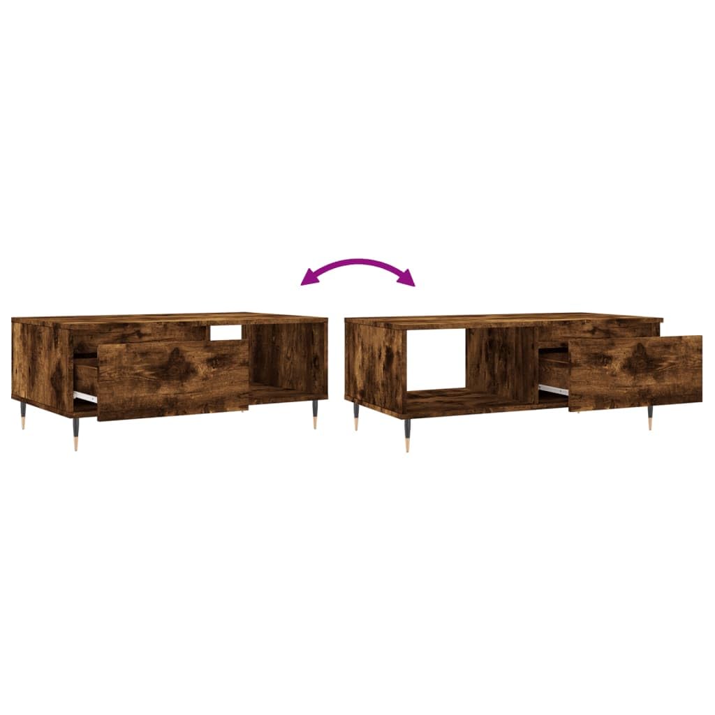 Mesa de centro de roble ahumado 90 × 50 × 36,5 cm, madera, patas de metal, cajón, estante, salón, dormitorio, balcón