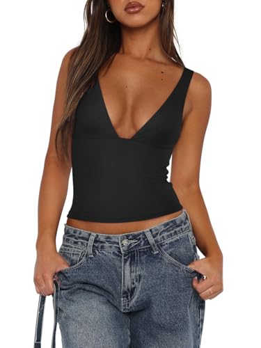 REORIA Women's Summer Sexy Plunge Deep V Neck Sleeveless V Backless Tank Top Going Out Double Lined Workout Yoga Crop Tops Black X-Large — view 4