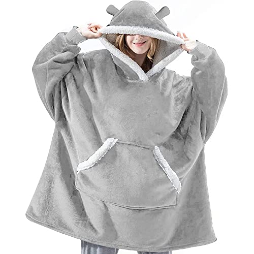 SASIGAYA Kuscheldecke mit Ärmel,Decke Hoodie Sweatshirt Einheitsgröße für Erwachsene, Männer, Frauen,Flanell Fleecedecke Tragbar Weiche Gemütliche Warme Komfortable Riesen-Hoodie(Hellgrau) Cover
