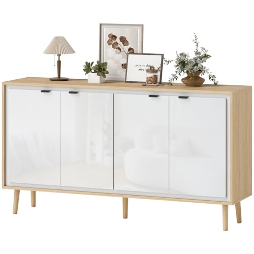 HOMCOM Buffet à Haute Brillance, Meuble de Rangement avec 4 Portes, étagères réglables, Pieds en Bois, Style Moderne, Buffet Salle à Manger, Cuisine et...