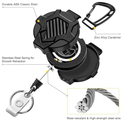 Image of Heavy Duty Retractable Keychain (1-Pack) | Carbon Fiber Badge Holder with 80cm Steel Wire Cord | Tactical Carabiner Clip for ID Cards & Bike Keys (Black)