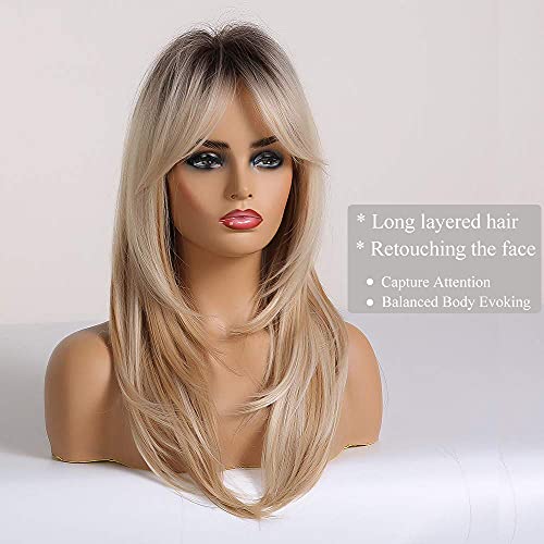 OUFEI 20 Inches Long Straight Blonde Layered Synthetic Hair Wigs for Women with Dark Roots for Daily Party Use - Image 2