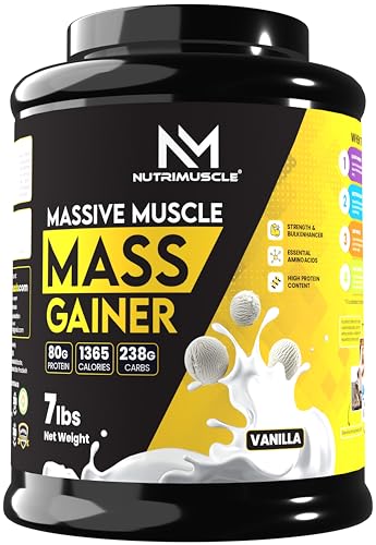 Nutrimuscle® Massive Muscle Mass Gainer Powder 7lbs – Vanilla Flavour | High Calorie Gainer with Creatine, Complex Carbs & Protein Blend | Supports Muscle, Mass & Strength Gain | Easy Mix Formula