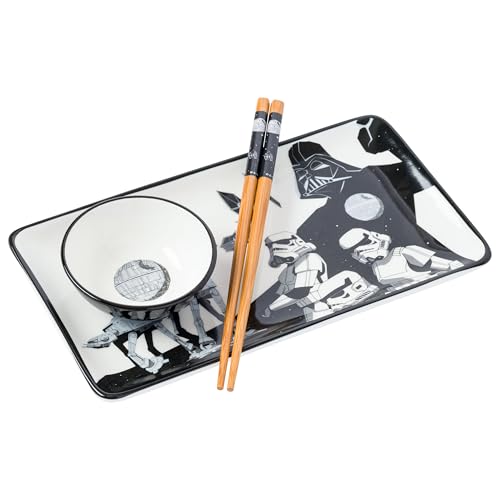 Image of Silver Buffalo Star Wars The Dark Side Featuring Darth Vader, Death Star, AT-AT, and Stormtroopers Ceramic Sushi Set with Dipping Sauce Dish and Matching Chopsticks