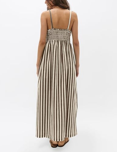 Image of Lentta Women's Striped Smocked Maxi Dress Causal Spaghetti Strap Stretchy Flowy Swing Long Dress with Pockets(Coffee-S)