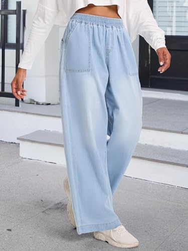 Wide Leg Elastic Waist Jeans for Women Trendy High Waist Stretchy Soft Drape Baggy Jeans Multi Pockets Womens Pants2