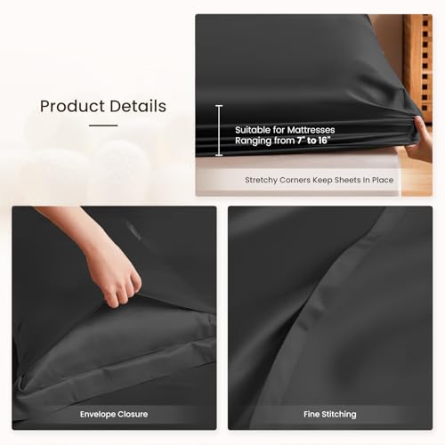 THXSILK Silk Sheet Set 4Pcs, 6A+ Top Grade 100% Natural Mulberry Silk Bed Sheets, Bedding Sets Ultra Soft Durable Safety Material, 1 Fitted Sheet, 1 Flat Sheet and 2 Pillow Shams (Queen, Black) - Image 7