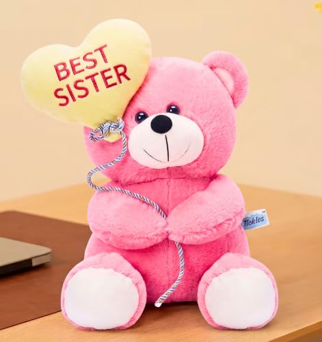 Image of Tickles Cute Teddy Bear Holding Best Sister Heart Balloon Soft Stuffed Plush Toy for Kids Boys & Girls Raksha Bandhan Birthday Gift (Size: 18 cm Color: Pink)