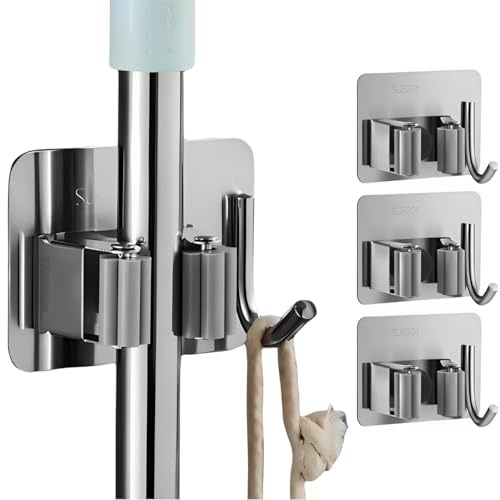 Image of JD FRESH 3 Pcs Stainless Steel Mop & Broom Holder Wall Mount with Hook /No Drill Anti Slip Sticky Waterproof Self-Adhesive Broom Hanger Stand Organizer for Kitchen, Garden, Bathroom, Garage (Grey)