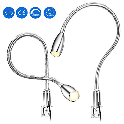 Lámpara para lectura,2 lámparas ajustables montaje a la pared a la mesa con función de memoria y botón touch 200lm/3000K/3W/110-240V AC ángulo de luz:30 grados,largueza cuello:49cm,largueza cable:2m