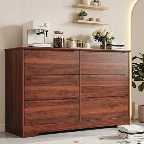 GarveeHome Wooden Dresser with 6 Drawers, Tall Modern Closet with Deep Storage, Large Chest of Drawers with Wide Top, Long Storage Dresser for Bedroom, Living Room, Hallway, Kids Room, Red W