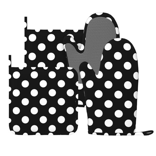 Black White Retro Polka Dot Oven Mitts and Pot Holders Sets