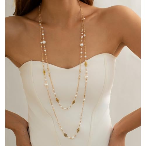 Long Pearl Necklaces for Women Pearl Long Chain Necklace Dainty Gold And Long Pearl Necklaces Layered Pearl Necklace Statement Sweater Strand Chain Jewelry3