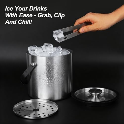 2.0L Eiswürfelbehälter, Eiskübel mit Deckel,Eiswürfelbehälter Edelstahl mit Clips und Sieb, Tragbar Eiskühler, Perfekt zum Kühlen von Bier, Champagner und Wein (2.0L)