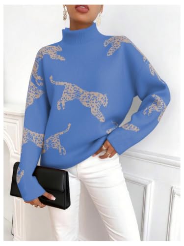 Image of WDIRARA Women's Leopard Tiger Print Sweater High Neck Long Sleeve Fuzzy Knitted Pullover Top
